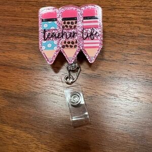 Pink Teacher Life Glitter Badge Reel